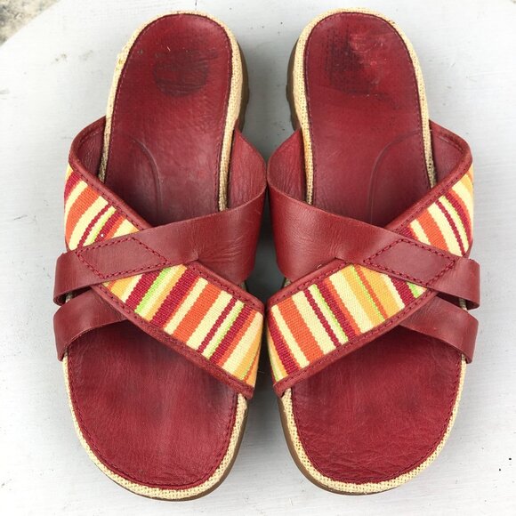 Timberland Women's Size 8.5M Red Stripe Genuine Leather Slip On Slides Sandals - Picture 3 of 14